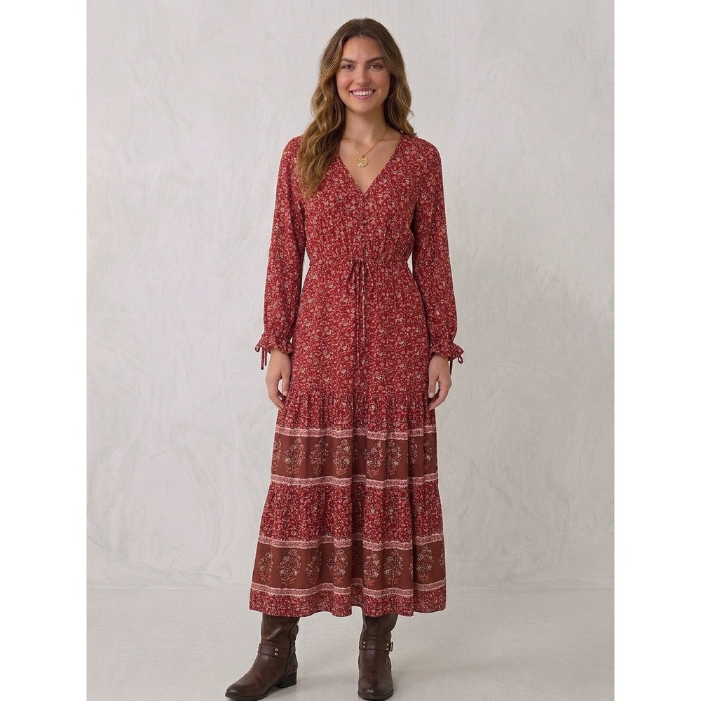 Red Paisley Floral Boho Maxi Dress Long Sleeve Tiered Peasant Medium Prairie NWT